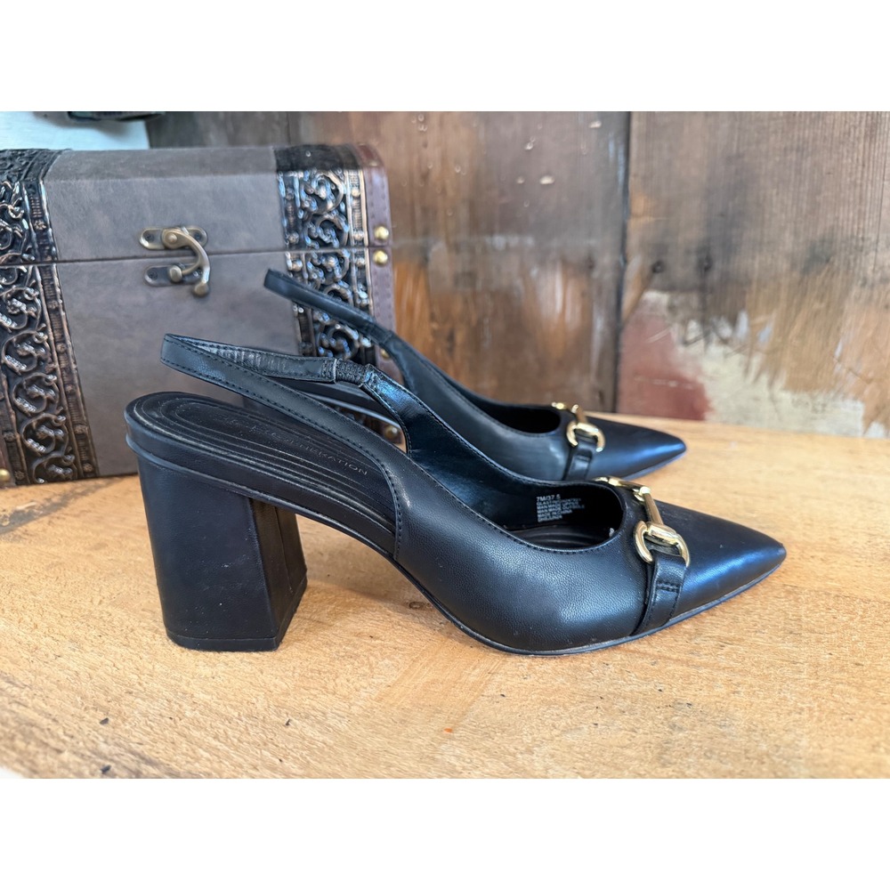 BCBGeneration Black Slingback Block Heel Pumps Gold Horsebit Pointed Toe Size 7